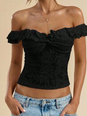 Black Casual Women's Textured Knit Open Shoulder Double Ruffle Twist Crop Top